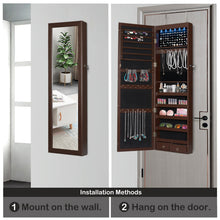 Load image into Gallery viewer, 48" Wall Door Mounted Mirrored Jewelry Organizer Mirror Cabinet Armoire Lockable Storage Box with LED Lights & Velvet Interior (Brown)