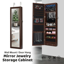 Load image into Gallery viewer, 48" Wall Door Mounted Mirrored Jewelry Organizer Mirror Cabinet Armoire Lockable Storage Box with LED Lights & Velvet Interior (Brown)