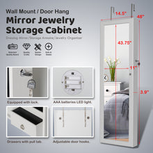 Load image into Gallery viewer, 48" Wall Door Mounted Mirrored Jewelry Organizer Mirror Cabinet Armoire Lockable Storage Box with LED Lights & Velvet Interior (Gray)