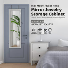 Load image into Gallery viewer, 48" Wall Door Mounted Mirrored Jewelry Organizer Mirror Cabinet Armoire Lockable Storage Box with LED Lights & Velvet Interior (Gray)