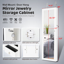 Load image into Gallery viewer, 48" Wall Door Mounted Mirrored Jewelry Organizer Mirror Cabinet Armoire Lockable Storage Box with LED Lights & Velvet Interior (White)