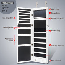 Load image into Gallery viewer, 48" Wall Door Mounted Mirrored Jewelry Organizer Mirror Cabinet Armoire Lockable Storage Box with LED Lights & Velvet Interior (White)
