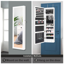 Load image into Gallery viewer, 48" Wall Door Mounted Mirrored Jewelry Organizer Mirror Cabinet Armoire Lockable Storage Box with LED Lights & Velvet Interior (White)