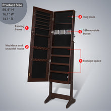 Load image into Gallery viewer, 59" Full Length Dressing Mirror Jewelry Cabinet Free Standing Armoire Lockable Storage Box Organizer with Removable Boxes & Keys (Brown)