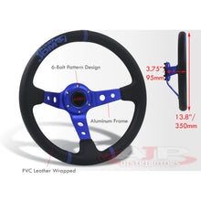 Load image into Gallery viewer, JDM Sport Universal 350mm PVC Leather Deep Dish Style Aluminum Steering Wheel Black Center with Blue Stitching & 3 Pin Stripes
