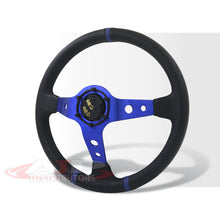 Load image into Gallery viewer, JDM Sport Universal 350mm PVC Leather Deep Dish Style Aluminum Steering Wheel Black Center with Blue Stitching & 3 Pin Stripes