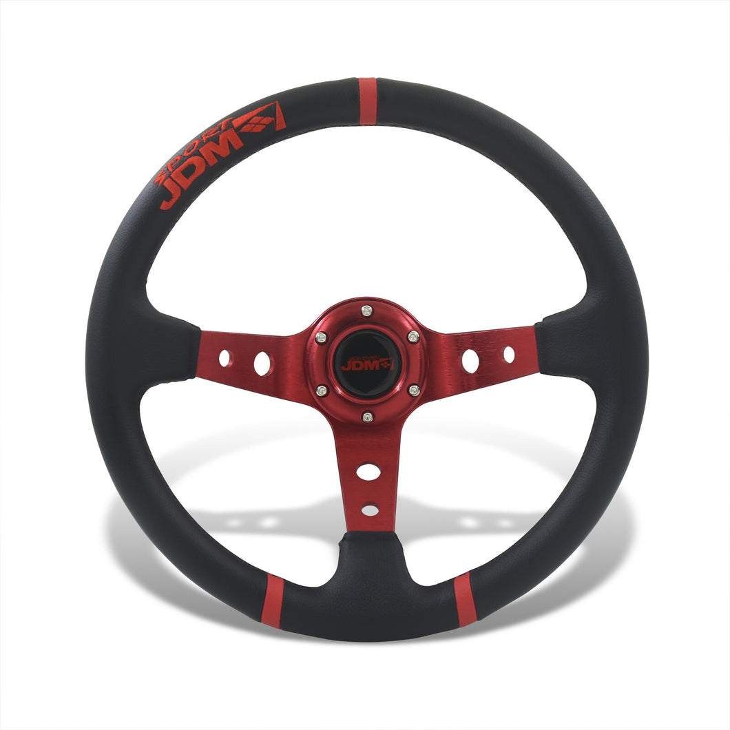 JDM Sport Universal 350mm PVC Leather Deep Dish Style Aluminum Steering Wheel Black Center with Red 3 Pin Stripes