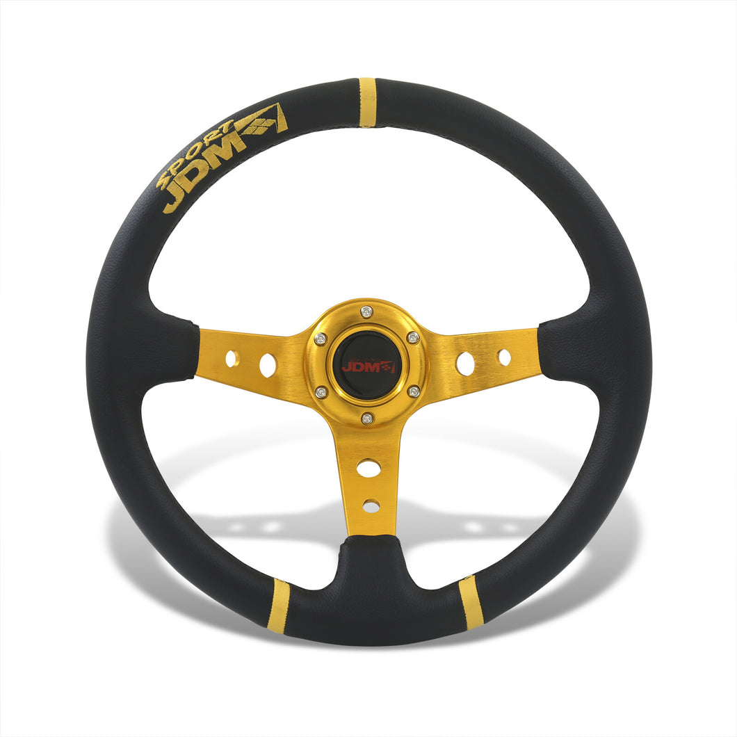 JDM Sport Universal 350mm PVC Leather Deep Dish Style Aluminum Steering Wheel Black Center with Gold 3 Pin Stripes
