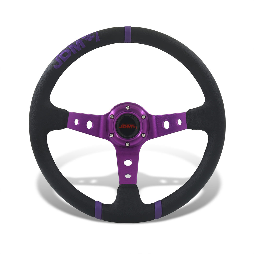 JDM Sport Universal 350mm PVC Leather Deep Dish Style Aluminum Steering Wheel Black Center with Purple 3 Pin Stripes