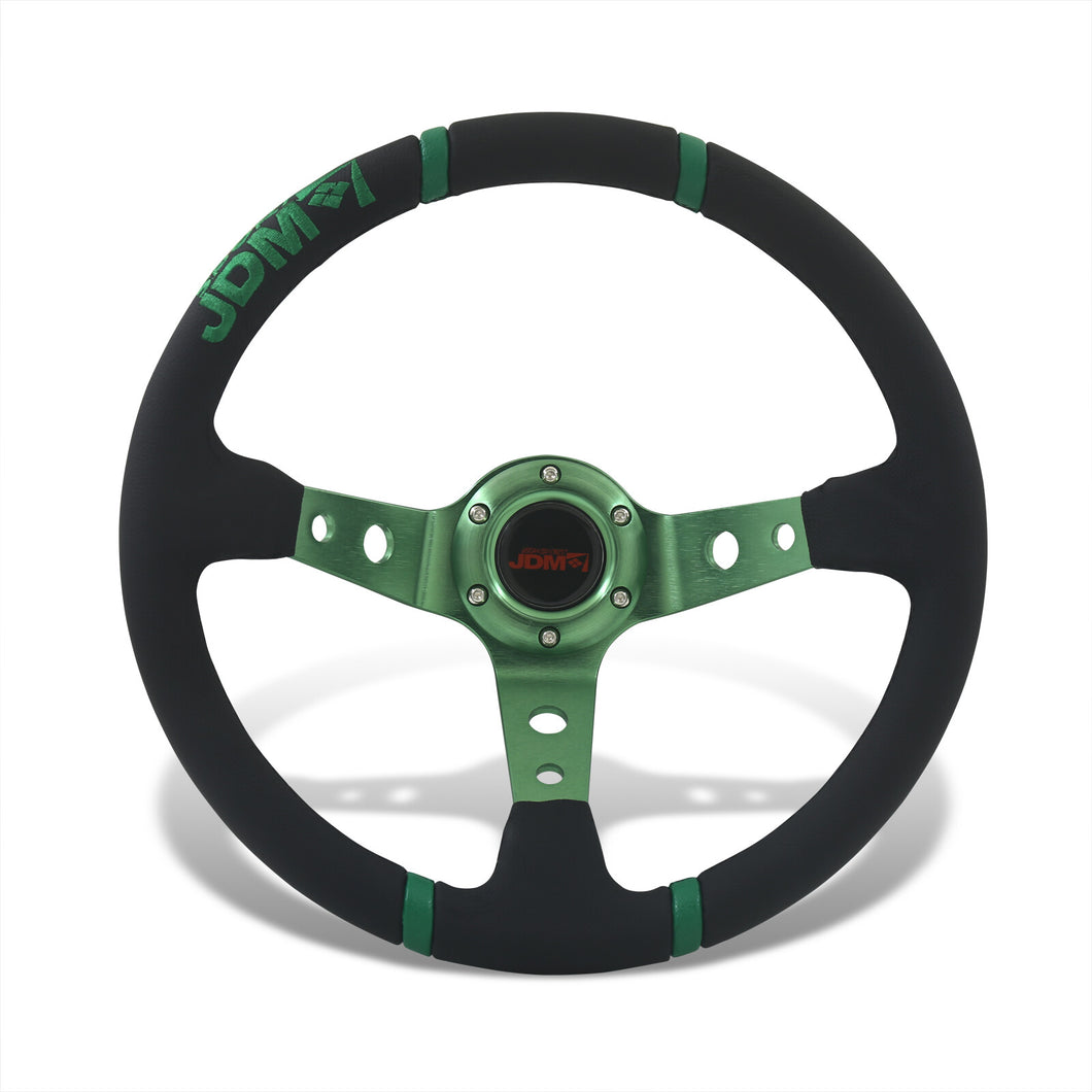 JDM Sport Universal 350mm PVC Leather Deep Dish Style Aluminum Steering Wheel Black Center with Green 4 Pin Stripes
