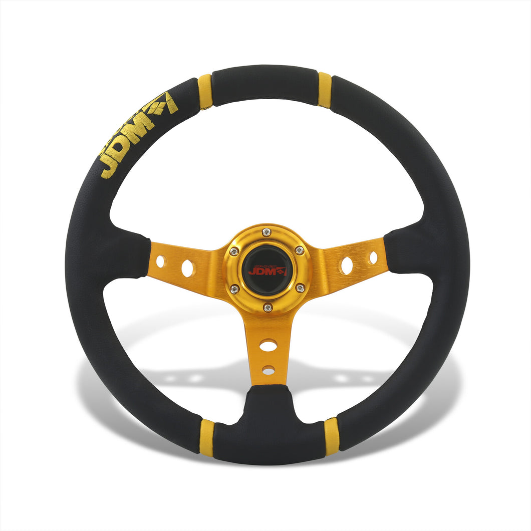 JDM Sport Universal 350mm PVC Leather Deep Dish Style Aluminum Steering Wheel Black Center with Gold 4 Pin Stripes