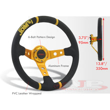 Load image into Gallery viewer, JDM Sport Universal 350mm PVC Leather Deep Dish Style Aluminum Steering Wheel Black Center with Gold 4 Pin Stripes
