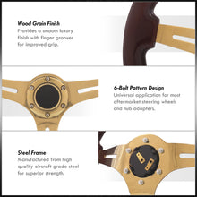 Load image into Gallery viewer, Universal 350mm Heavy Duty Steel Wood Grain Style Steering Wheel Gold Center Dark Wood