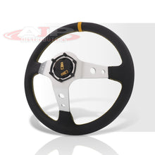 Load image into Gallery viewer, Universal 350mm PVC Leather Deep Dish Style Aluminum Steering Wheel Silver Center with Yellow Stitching