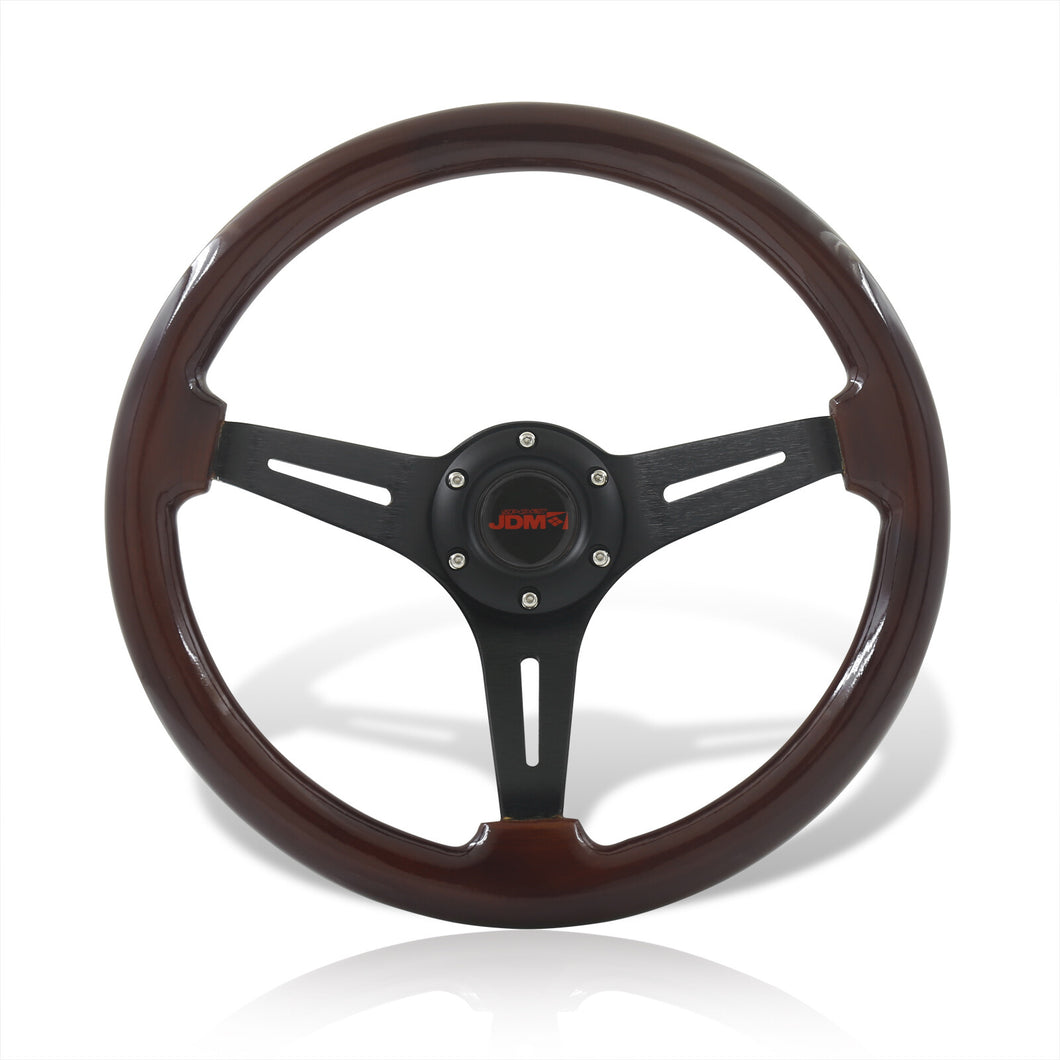 JDM Sport Universal 350mm Wood Grain Style Aluminum Steering Wheel Black Center Dark Wood