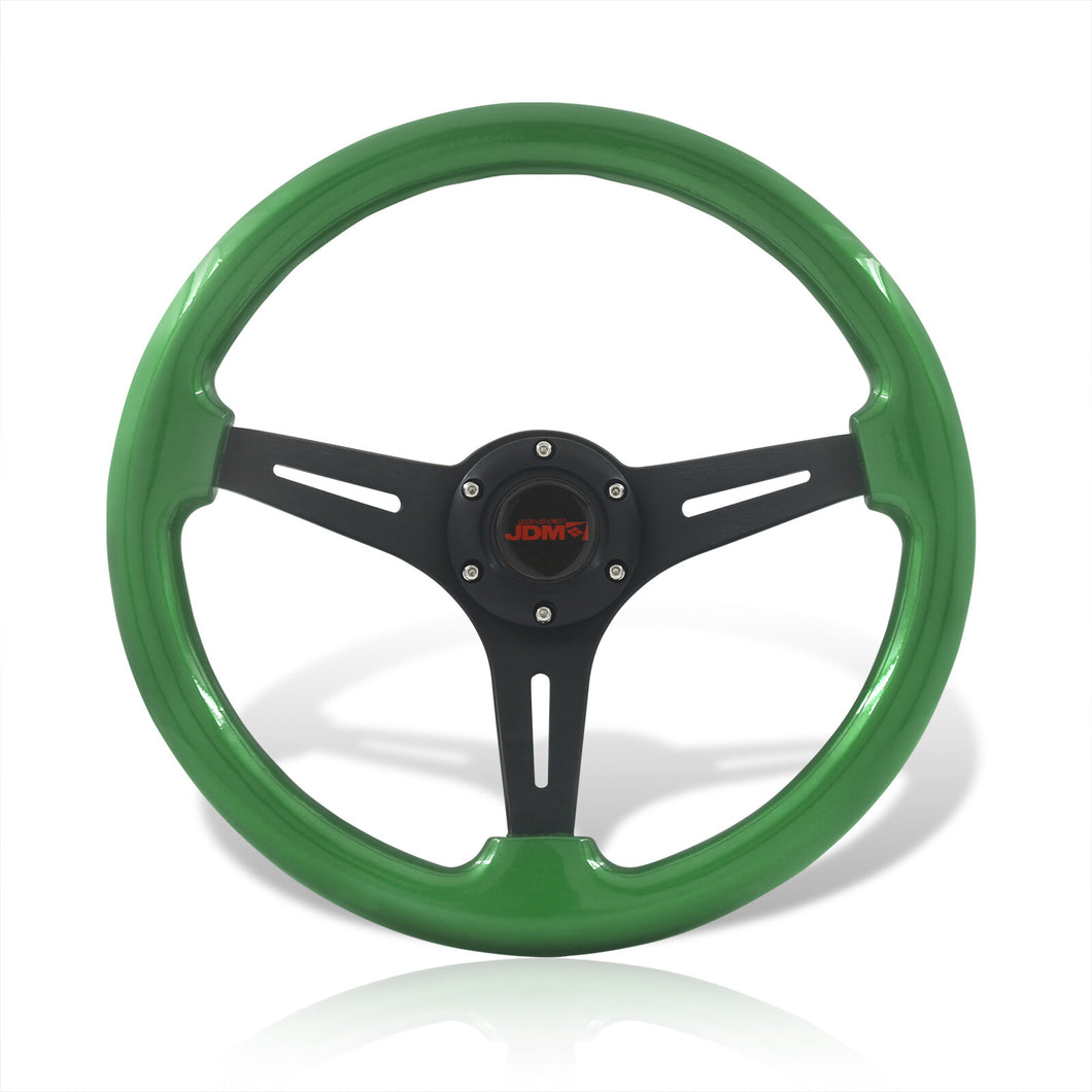 JDM Sport Universal 350mm Wood Grain Style Aluminum Steering Wheel Black Center Green Wood