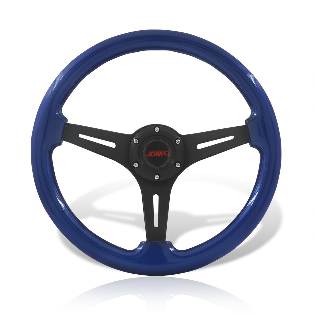 JDM Sport Universal 350mm Wood Grain Style Aluminum Steering Wheel Black Center Blue Wood