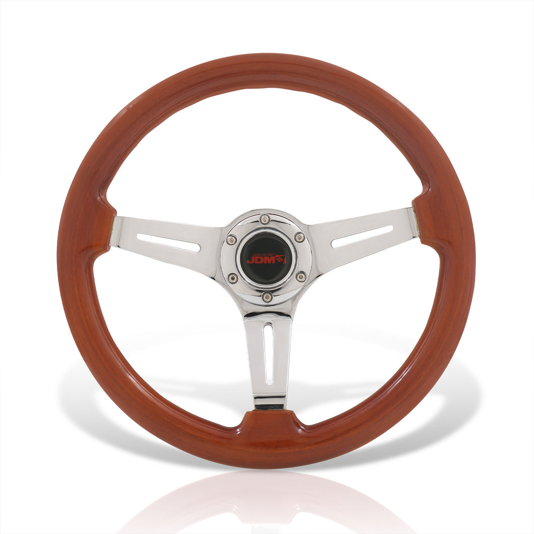 JDM Sport Universal 350mm Heavy Duty Steel Wood Grain Style Steering Wheel Polished Center Light Wood