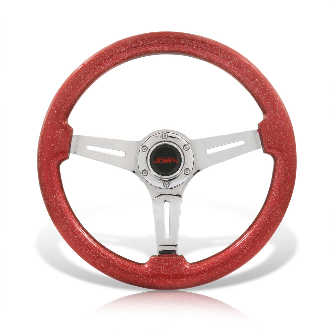 JDM Sport Universal 350mm Heavy Duty Steel Wood Grain Style Steering Wheel Polished Center Metallic Red Wood