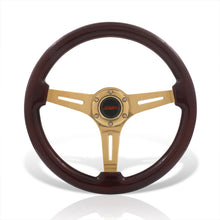 Load image into Gallery viewer, JDM Sport Universal 350mm Heavy Duty Steel Wood Grain Style Steering Wheel Gold Center Dark Wood