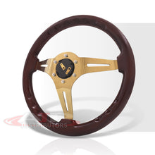 Load image into Gallery viewer, JDM Sport Universal 350mm Heavy Duty Steel Wood Grain Style Steering Wheel Gold Center Dark Wood