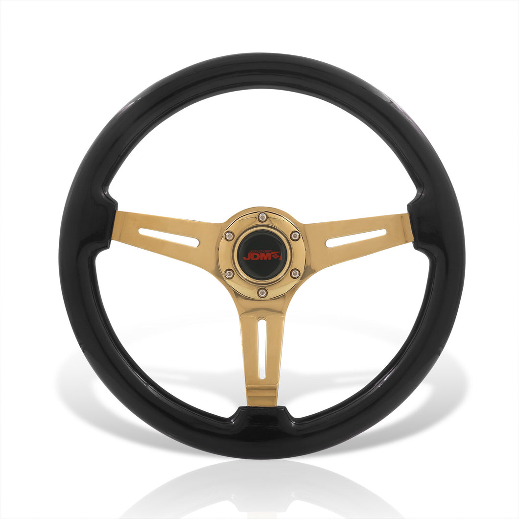 JDM Sport Universal 350mm Heavy Duty Steel Wood Grain Style Steering Wheel Gold Center Black Wood