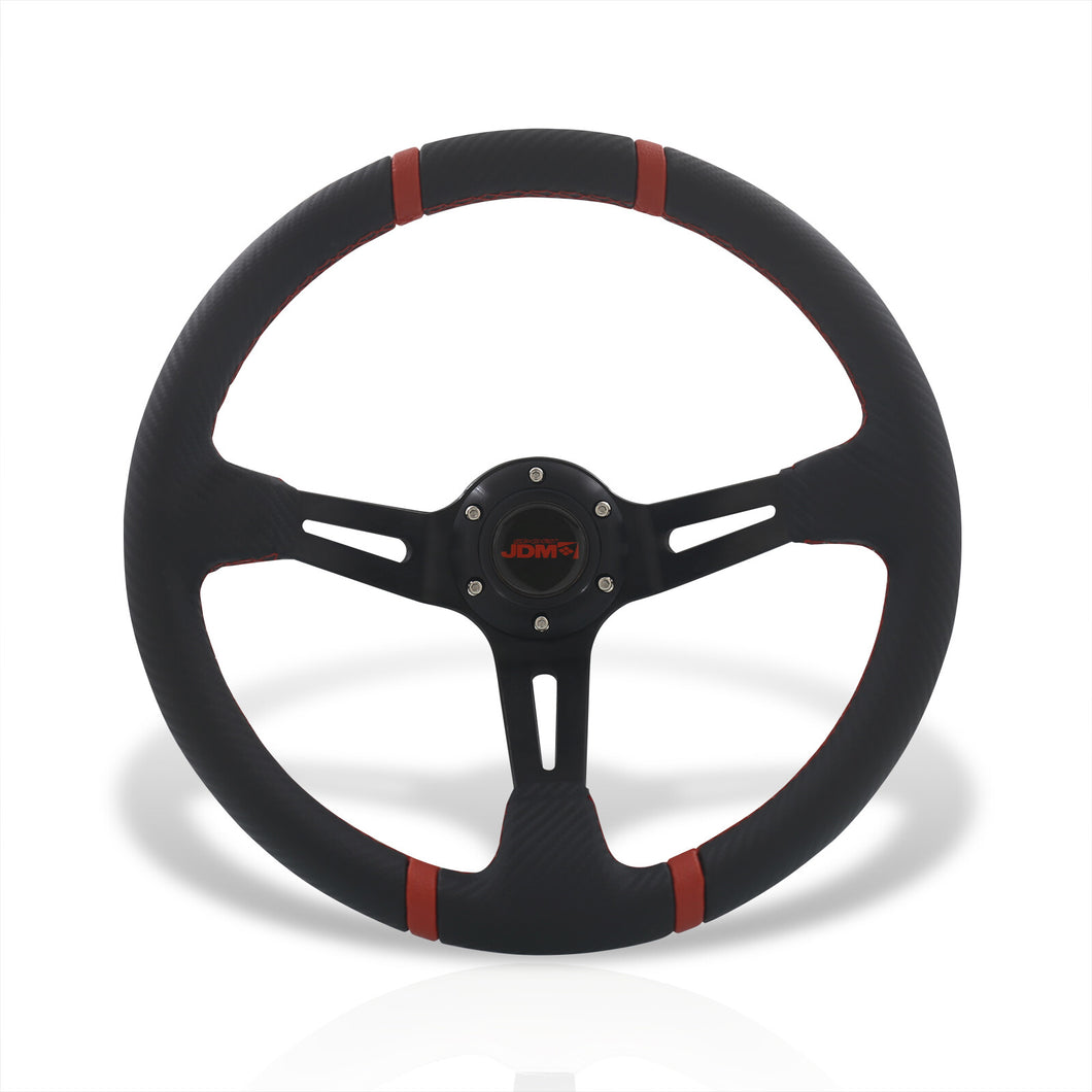 JDM Sport Universal 350mm PVC Leather Deep Dish Style Aluminum Steering Wheel Carbon Fiber Wrapped with Red Stripes