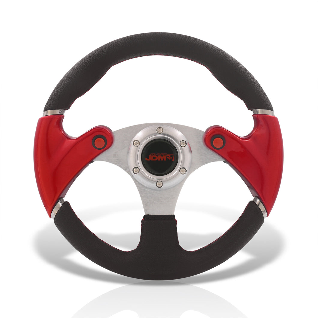 JDM Sport Universal 320mm Dual Button Style Aluminum Steering Wheel Silver Center with Red Handles
