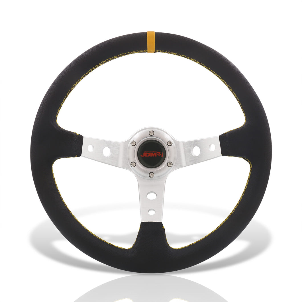 JDM Sport Universal 350mm PVC Leather Deep Dish Style Aluminum Steering Wheel Silver Center with Yellow Stitching