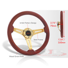 Load image into Gallery viewer, JDM Sport Universal 350mm Heavy Duty Steel Wood Grain Style Steering Wheel Gold Center Light Wood
