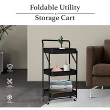 Load image into Gallery viewer, 3 Tier Metal Folding Utility Rolling Storage Cart Black