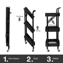 Load image into Gallery viewer, 3 Tier Metal Folding Utility Rolling Storage Cart Black