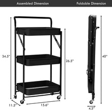 Load image into Gallery viewer, 3 Tier Metal Folding Utility Rolling Storage Cart Black