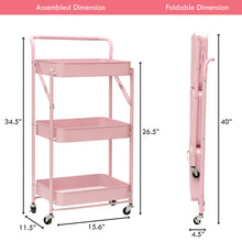 Load image into Gallery viewer, 3 Tier Metal Folding Utility Rolling Storage Cart Pink