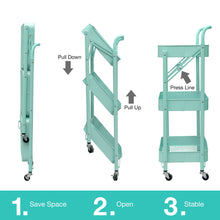 Load image into Gallery viewer, 3 Tier Metal Folding Utility Rolling Storage Cart Teal