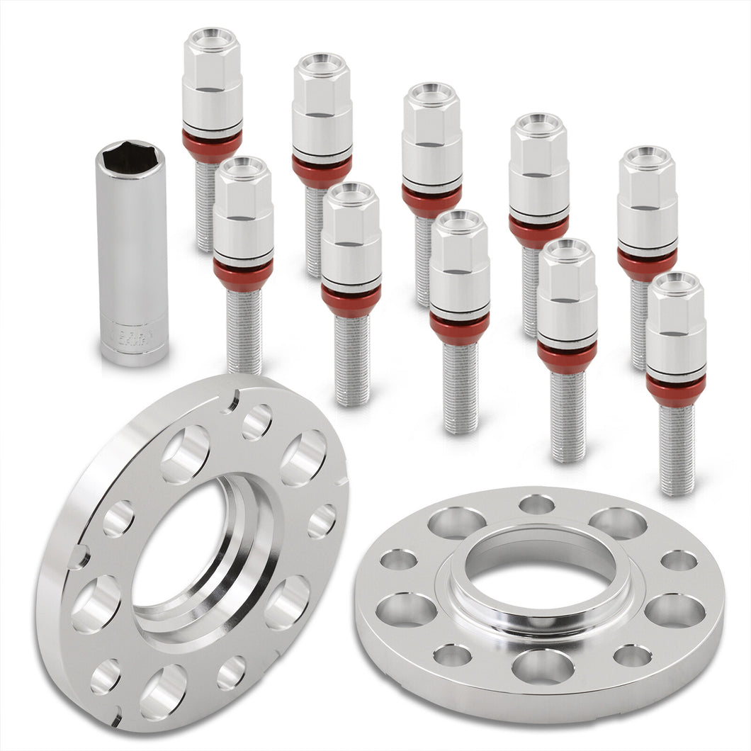 Universal 2 Piece Wheel Spacers + Extended Lug Nut Bolts Silver - PCD: 5x120 | Thread Pitch: M12x1.5 | Bore: 72.56mm | Thickness: 15mm | Lug Nuts: 40mm
