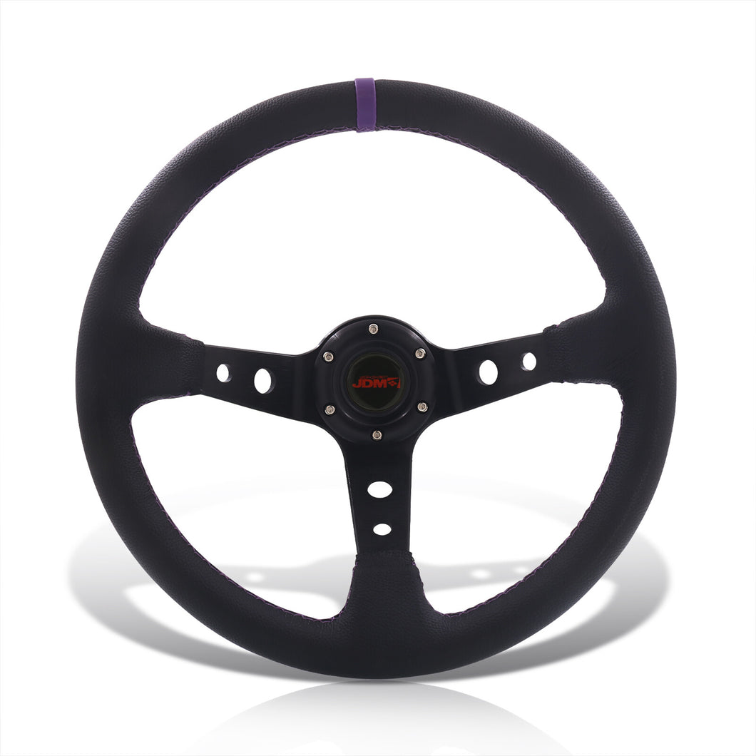 JDM Sport Universal 350mm PVC Leather Deep Dish Style Aluminum Steering Wheel Black Center with Purple Stitching