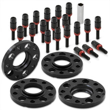 Load image into Gallery viewer, Universal 4 Piece Wheel Spacers + Extended Lug Nut Bolts Black - PCD: 5x120 | Thread Pitch: M12x1.5 | Bore: 72.56mm | Thickness: 15mm | Lug Nuts: 40mm