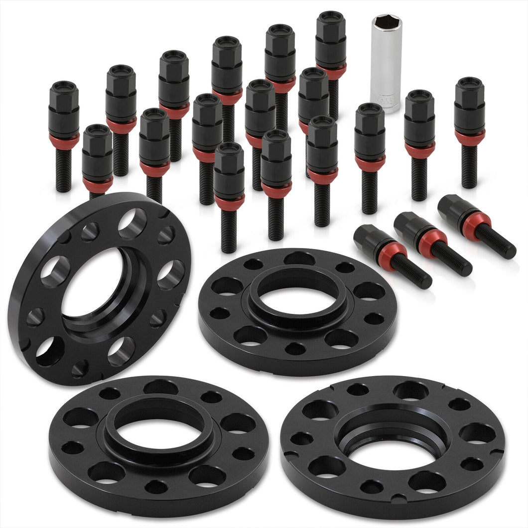 Universal 4 Piece Wheel Spacers + Extended Lug Nut Bolts Black - PCD: 5x120 | Thread Pitch: M12x1.5 | Bore: 72.56mm | Thickness: 15mm | Lug Nuts: 40mm
