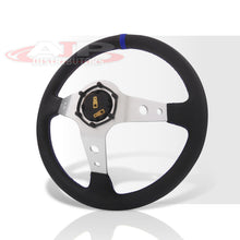 Load image into Gallery viewer, Universal 350mm PVC Leather Deep Dish Style Aluminum Steering Wheel Silver Center with Blue Stitching