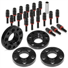 Load image into Gallery viewer, Universal 4 Piece Wheel Spacers + Extended Lug Nut Bolts Black - PCD: 5x120 | Thread Pitch: M12x1.5 | Bore: 72.56mm | Thickness: 20mm | Lug Nuts: 45mm