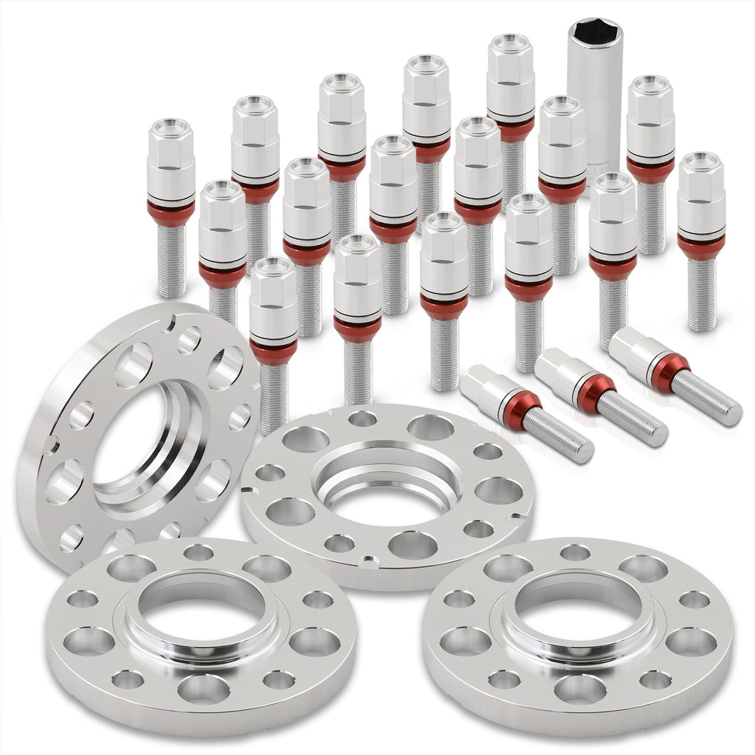 Universal 4 Piece Wheel Spacers + Extended Lug Nut Bolts Silver - PCD: 5x120 | Thread Pitch: M12x1.5 | Bore: 72.56mm | Thickness: 20mm | Lug Nuts: 45mm