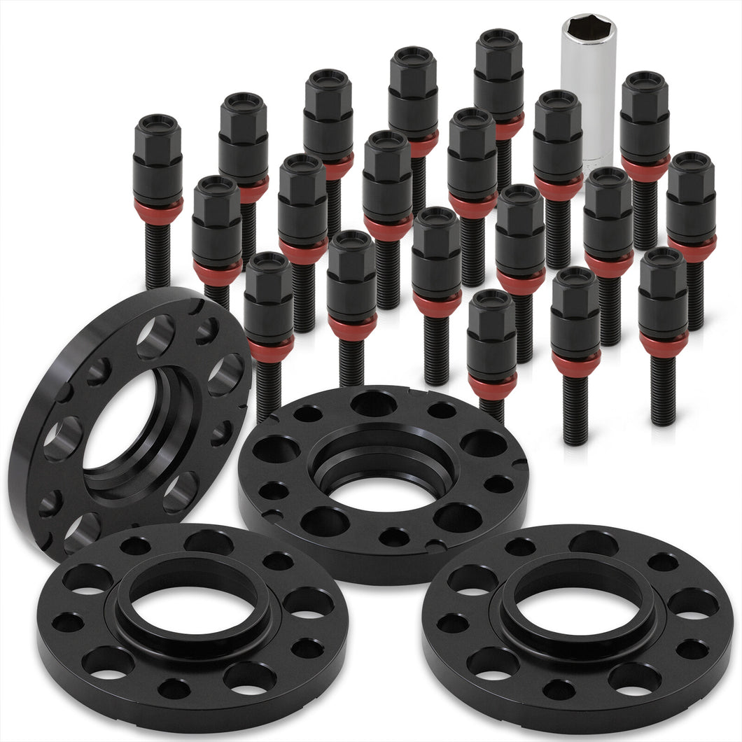 Universal 4 Piece Wheel Spacers + Extended Lug Nut Bolts Black - PCD: 5x120 | Thread Pitch: M12x1.5 | Bore: 72.56mm | Thickness: 15mm & 20mm | Lug Nuts: 40mm & 45mm
