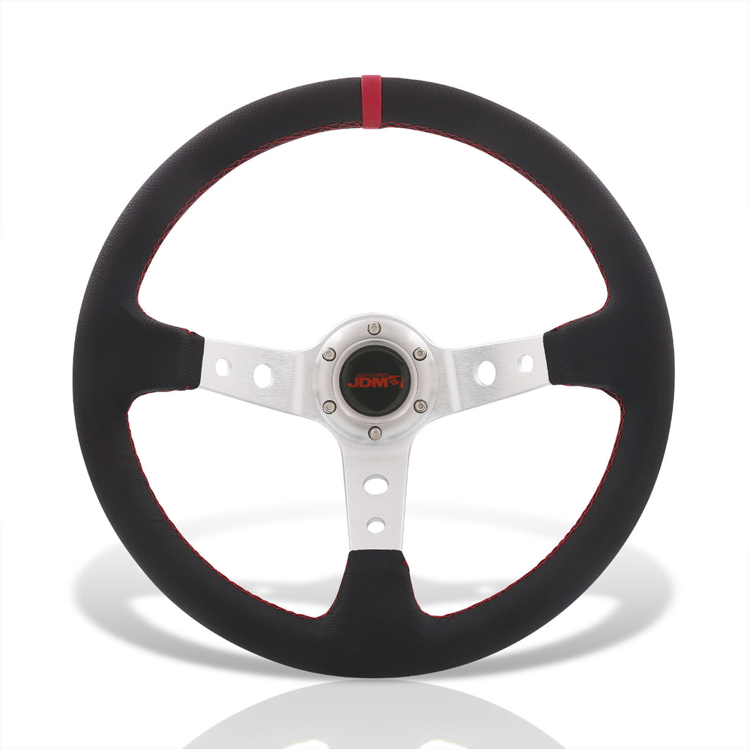 JDM Sport Universal 350mm PVC Leather Deep Dish Style Aluminum Steering Wheel Silver Center with Red Stitching