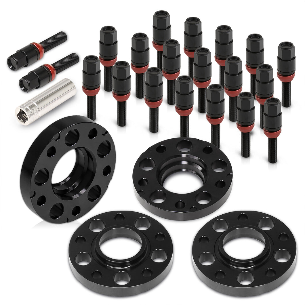 Universal 4 Piece Wheel Spacers + Extended Lug Nut Bolts Black - PCD: 5x120 | Thread Pitch: M14x1.25 | Bore: 72.56mm | Thickness: 20mm | Lug Nuts: 45mm