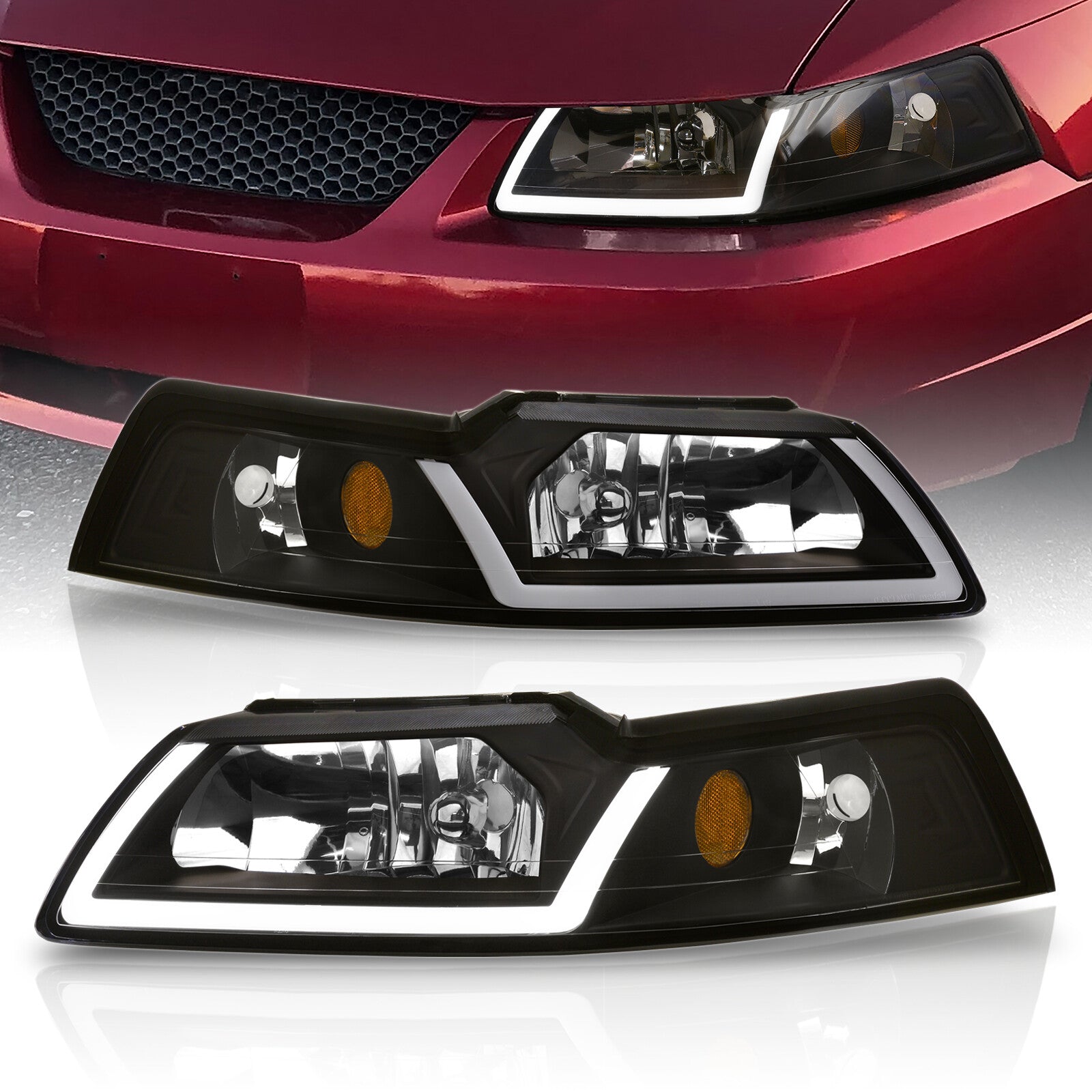 Ford Mustang 1999-2004 LED DRL Bar Factory Style Headlights Black