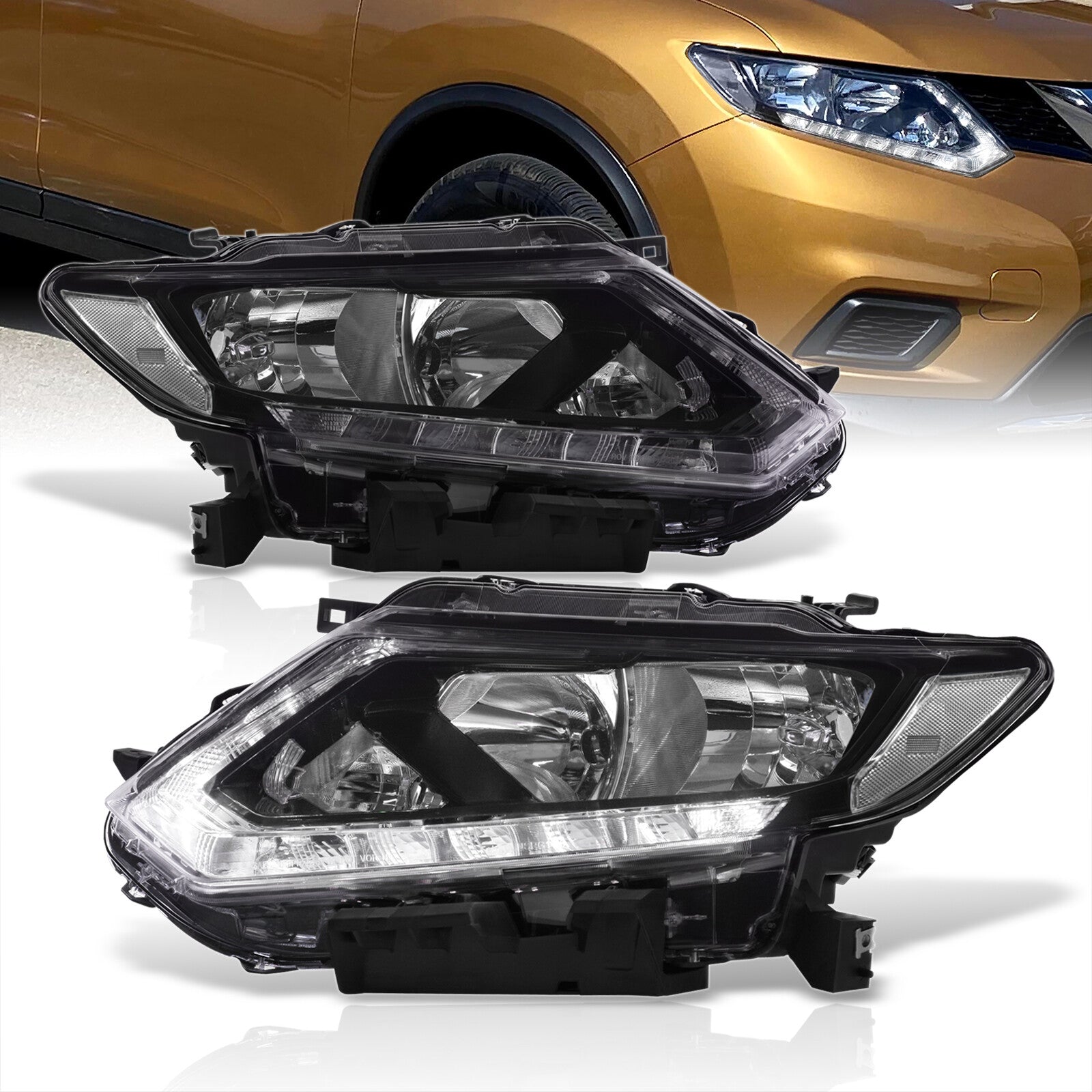 Nissan Rogue 2014-2016 LED DRL Factory Style Headlights Black
