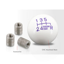 Load image into Gallery viewer, Universal 6 Speed M8 M10 M12 Fuckin' Fast Ball Shift Knob White with Purple Lettering (Bottom Right Reverse)