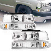 Load image into Gallery viewer, Chevrolet Silverado 1999-2002 / Suburban Tahoe 2000-2006 Factory Style Headlights + Bumpers Chrome Housing Clear Len Amber Reflector
