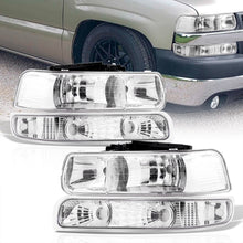 Load image into Gallery viewer, Chevrolet Silverado 1999-2002 / Suburban Tahoe 2000-2006 Factory Style Headlights + Bumpers Chrome Housing Clear Len Clear Reflector
